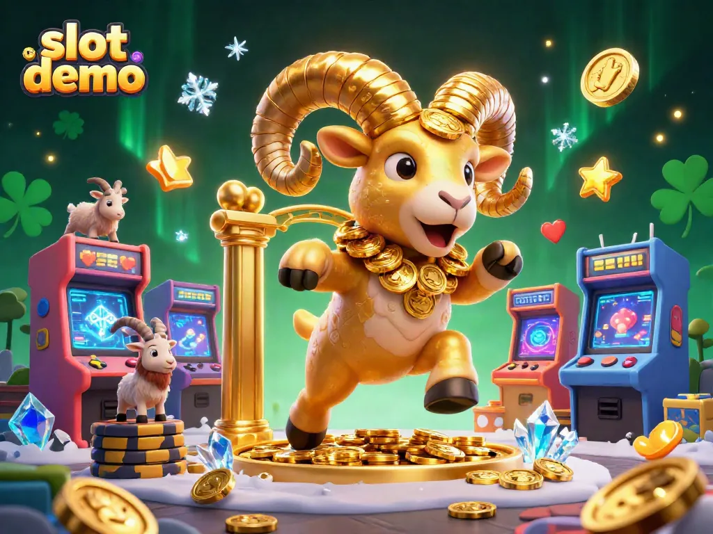 Bermain di slot demo dengan ilustrasi domba emas raksasa dan elemen kasino warna-warni, menjanjikan pengalaman menarik.