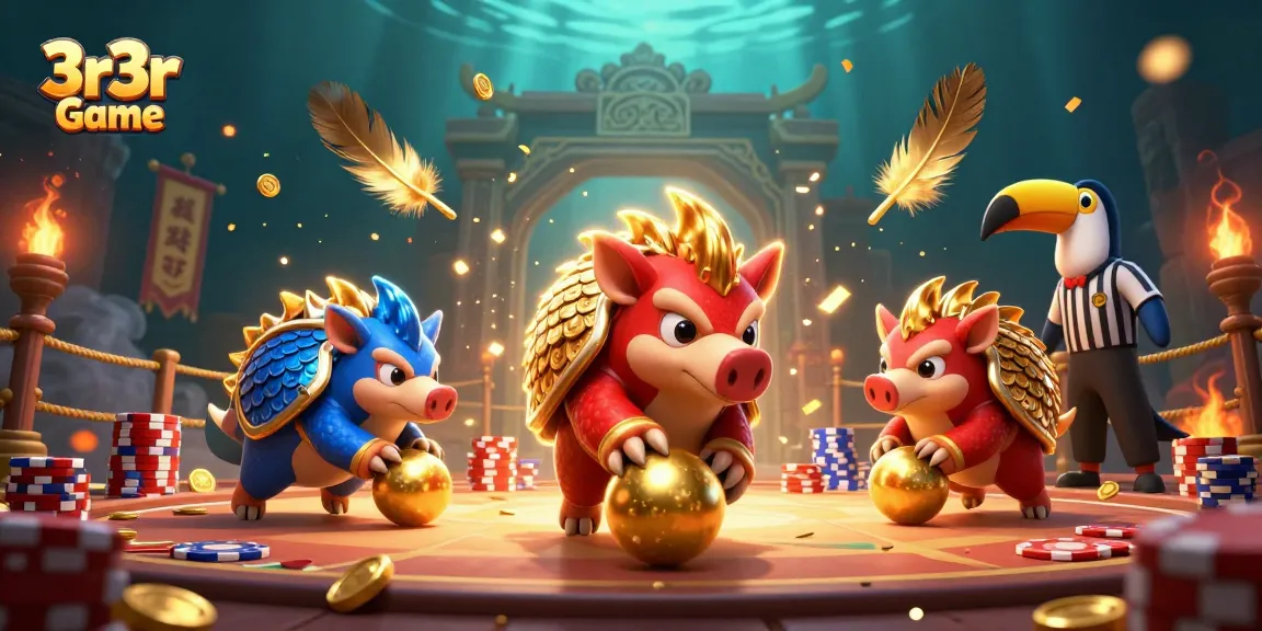 Engage with the thrilling 3r3r Game as rival pangolins compete amidst vibrant casino elements.