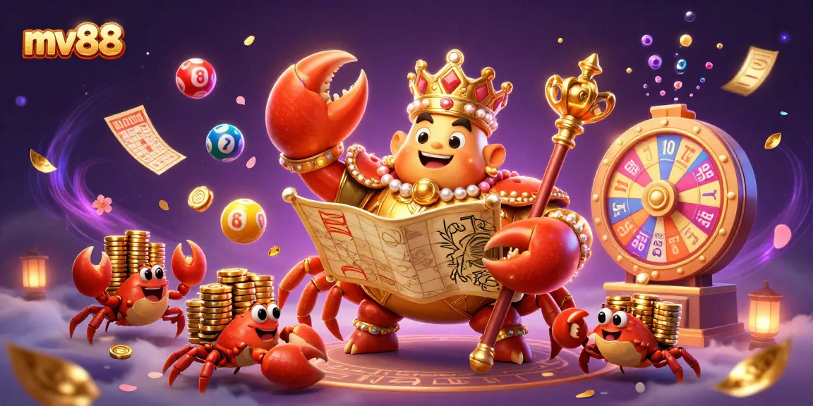Engage with mv88's vibrant casino environment featuring golden crab emperor amidst colorful lottery elements.
