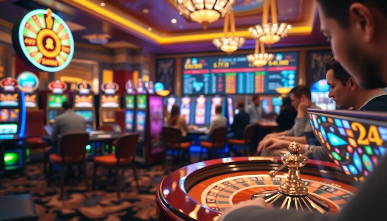 Engaging slot gacor machines attracting players with vibrant colors in a luxurious casino atmosphere.