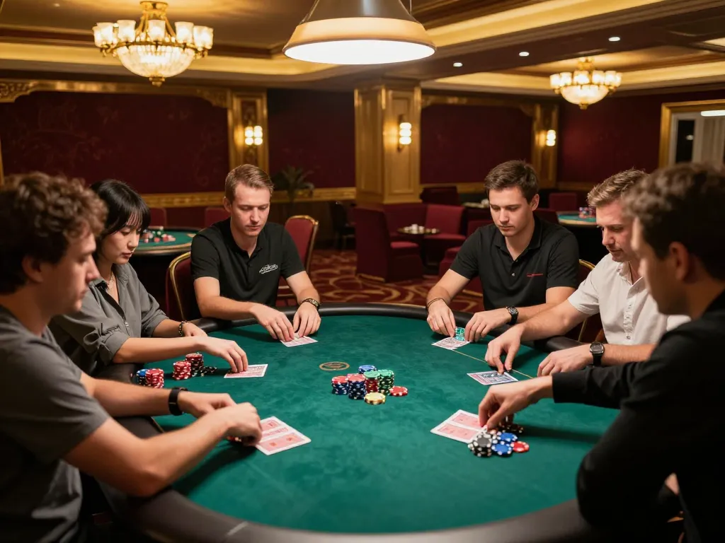 open88 players engaged in thrilling poker gameplay at a luxurious casino table with vibrant decor