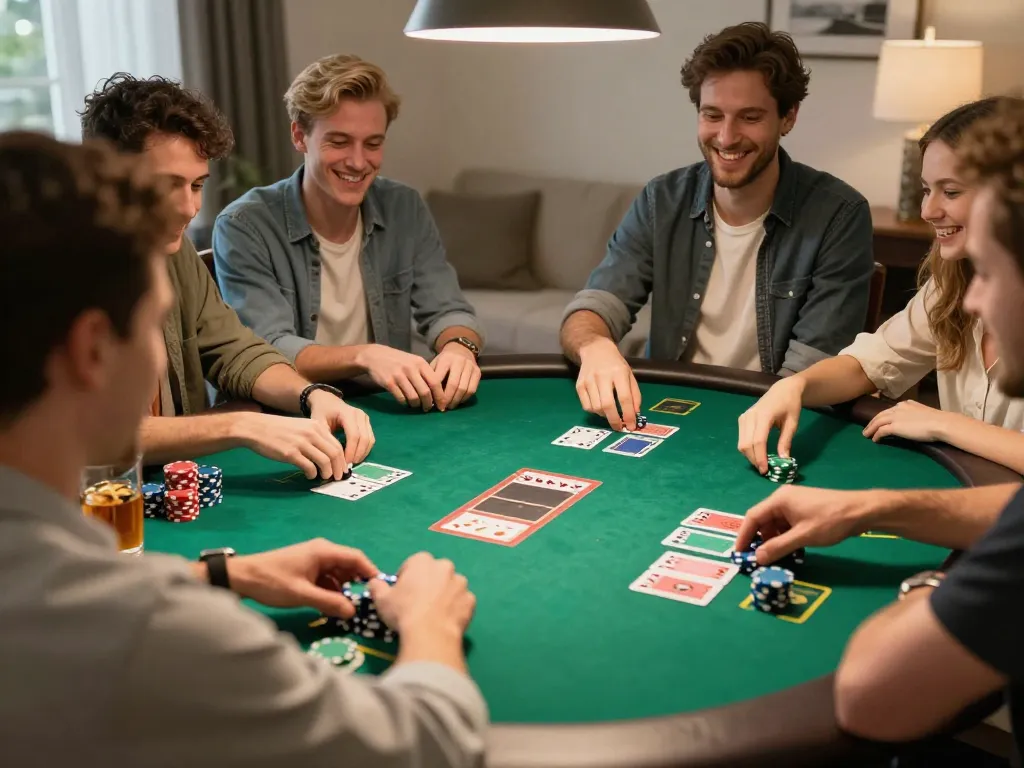 Friends enjoying a poker night while strategizing their bets, featuring HD88 gaming table and chips.