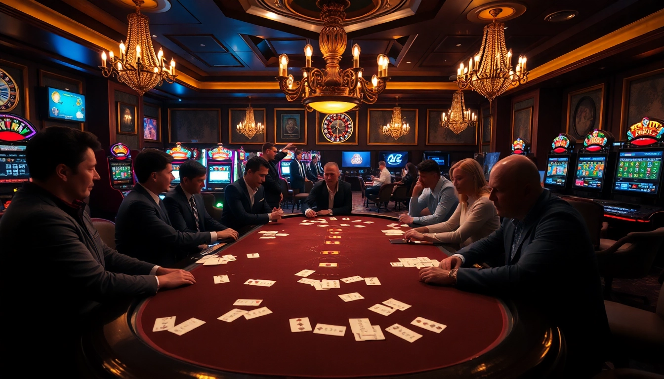 Engaged players enjoying a high-stakes poker game at kqbd casino, reflecting rich colors and excitement.