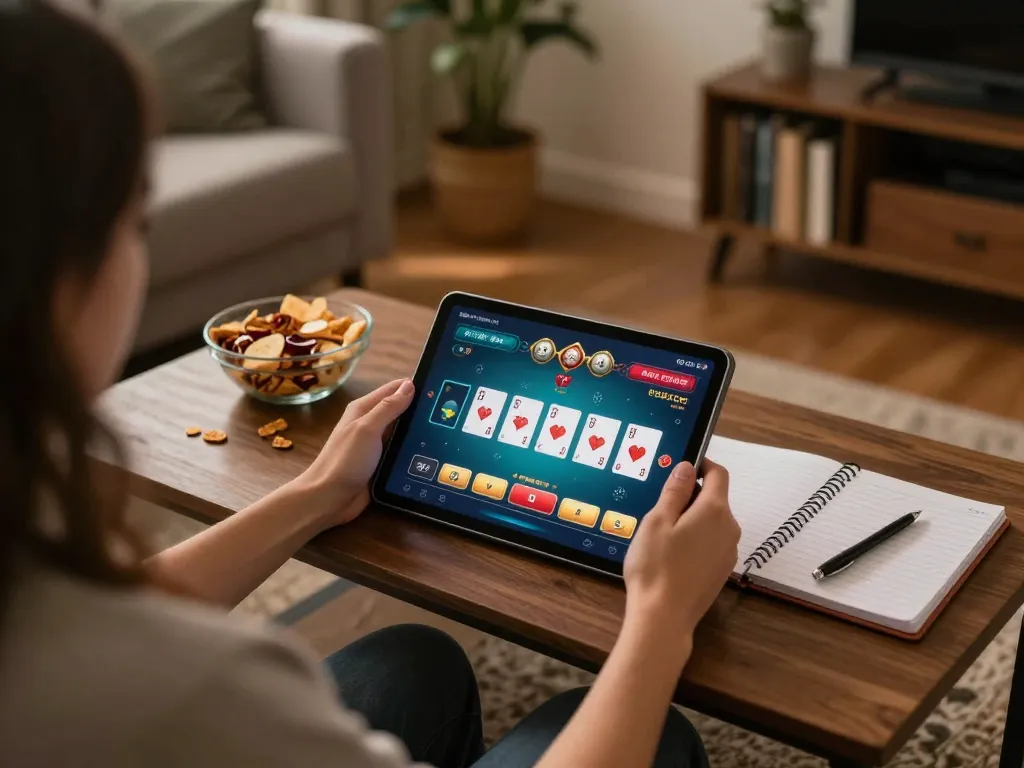 Engage in ck444 login via tablet for online poker gaming with snacks and strategies in a cozy living room