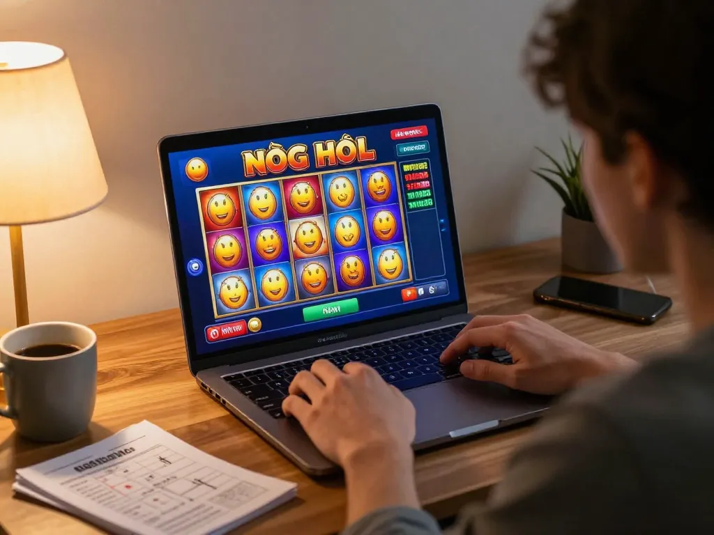 Engaging in nổ hũ đổi thưởng slot gameplay on a laptop in a cozy home setup