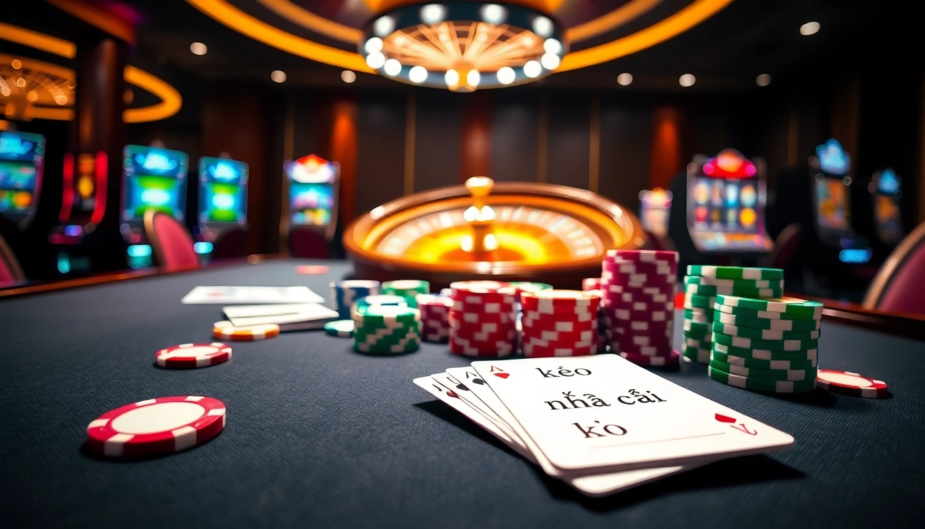 Kèo nhà cái betting slip featured at an elegant casino table with poker chips and roulette wheel.