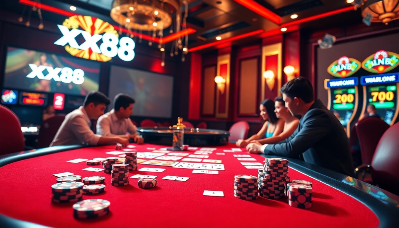 Players enjoy a thrilling game at xx88's luxurious casino table with poker chips and cards.