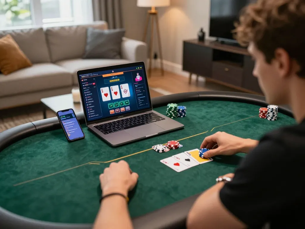 Playing poker online with fabet app on laptop, showcasing strategic gameplay