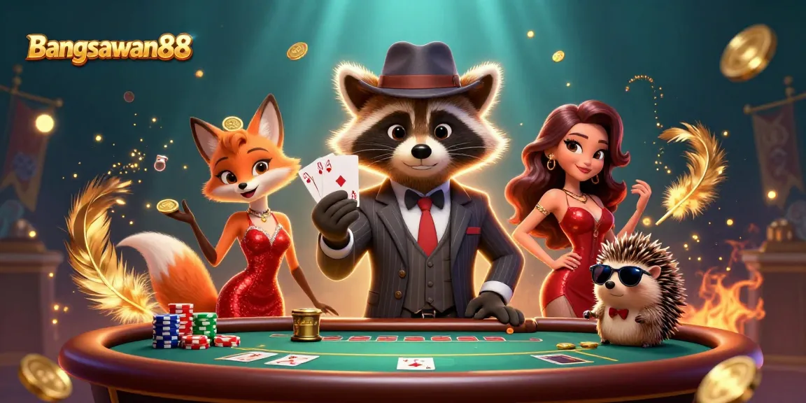 Bangsawan88 illustrated scene of a raccoon, fox, and hedgehog engaging in poker, showcasing vibrant gambling action.
