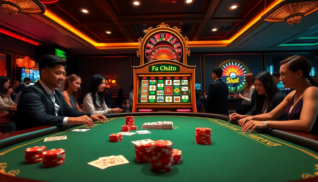 Engage in thrilling Fa Chai Casino Games at a luxurious gaming table with vibrant poker chips and cards.