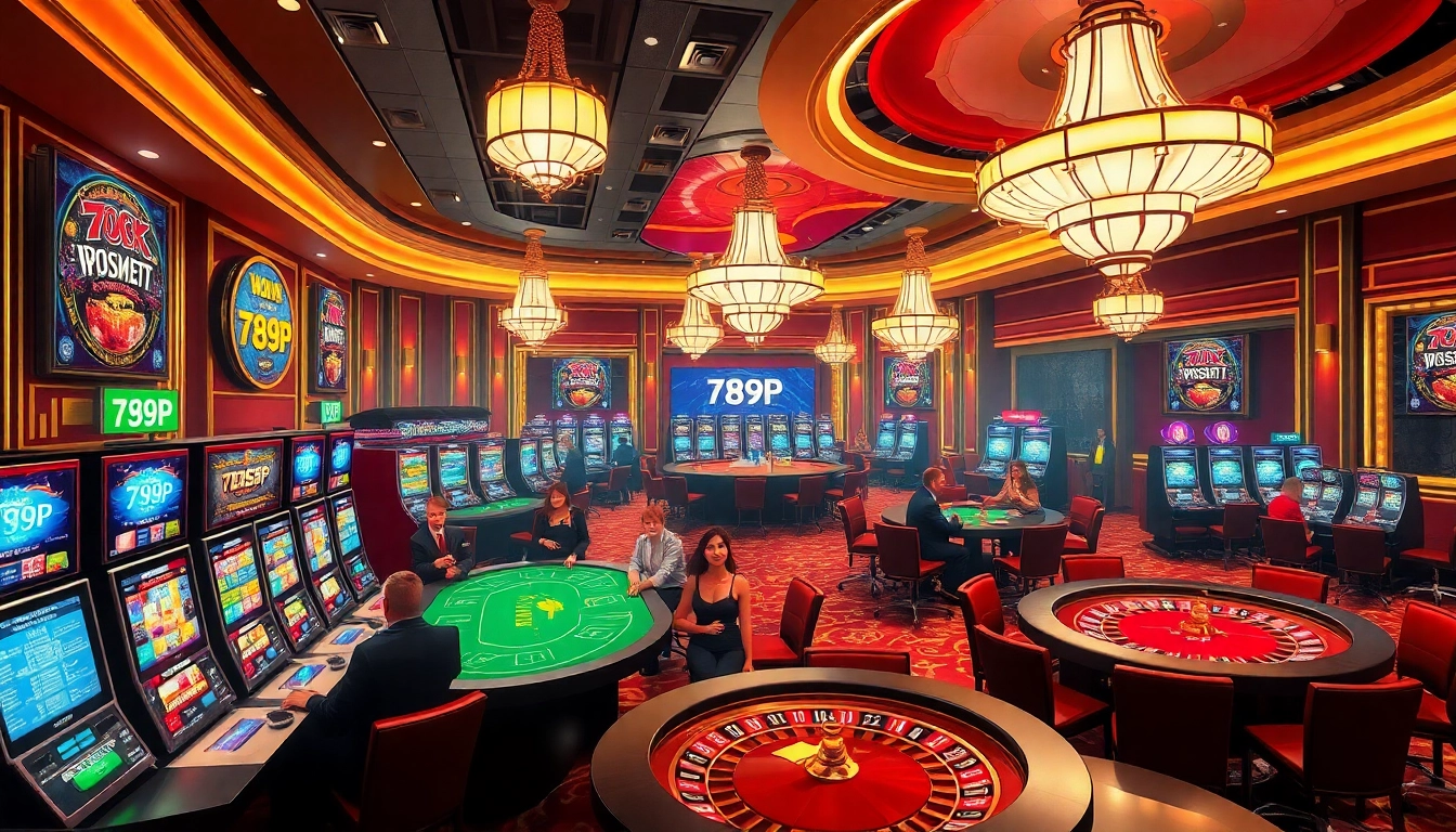 Experience the thrill of 789P casino with vibrant slot machines and an engaging poker table.