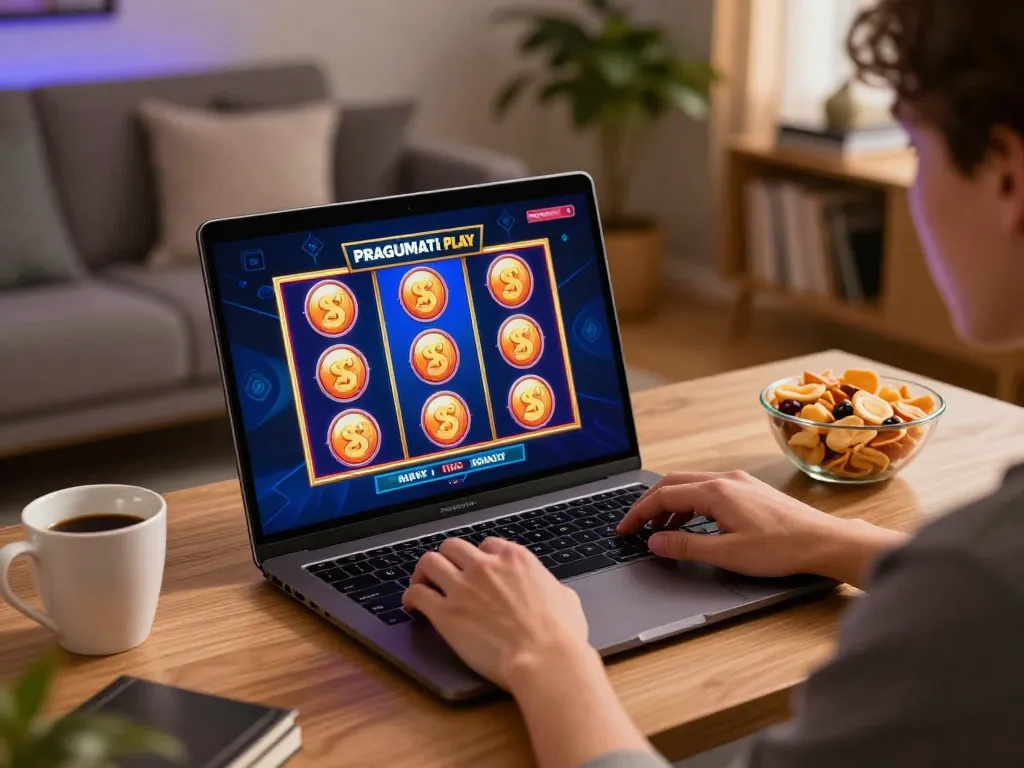 Engaging in Pragmati Play slots on a laptop in a cozy online casino setup.