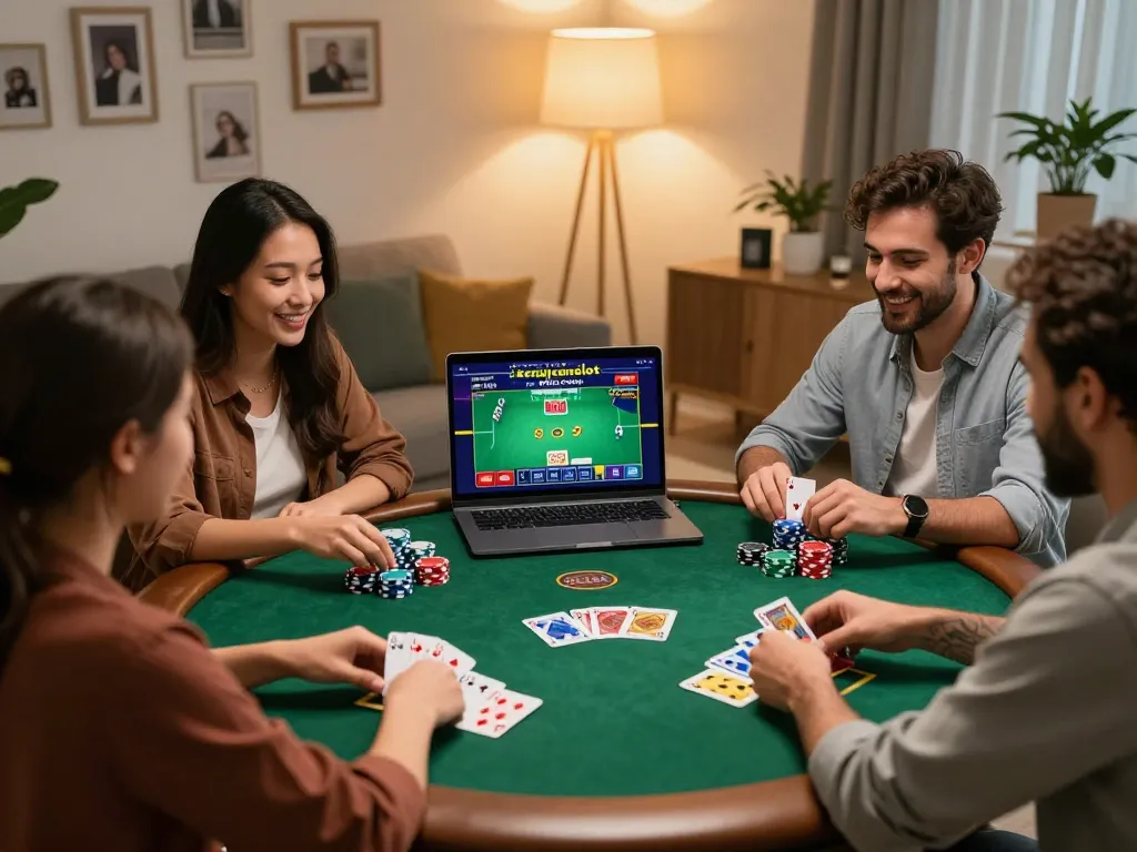 Friends enjoying a poker game online with kerajaanslot casino interface on display in a cozy home setting.