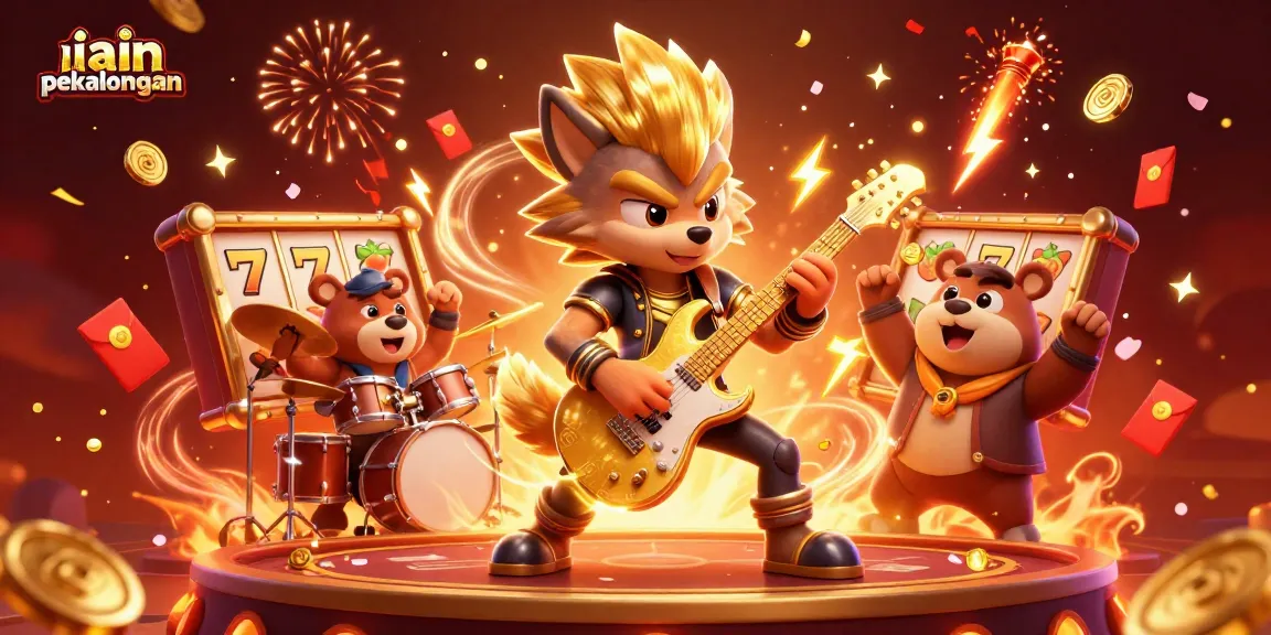 Experience the excitement of IAIN Pekalongan in a vibrant casino scene filled with lucky symbols and animated characters.
