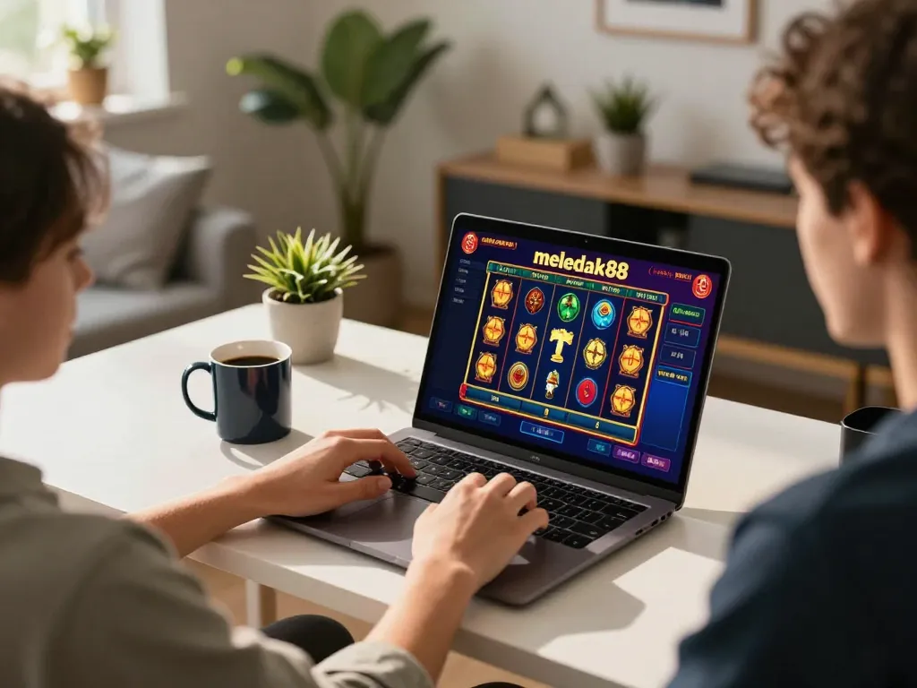Terlibat dalam sesi permainan meledak88 online di rumah, permainan slot yang cerah ditampilkan di layar laptop.