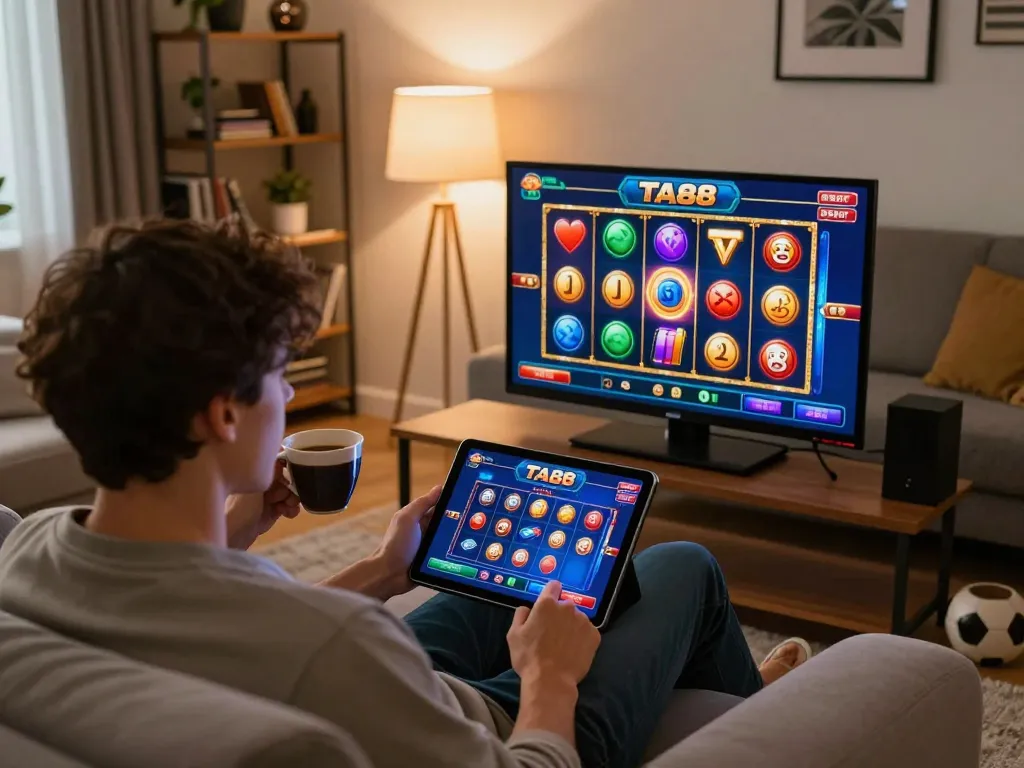 Engaging in online gaming with TA88 app in a cozy home setting, showcasing strategic gameplay.