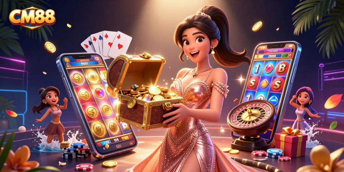 Experience CM88's thrilling treasures with vibrant casino elements and joyful energy.