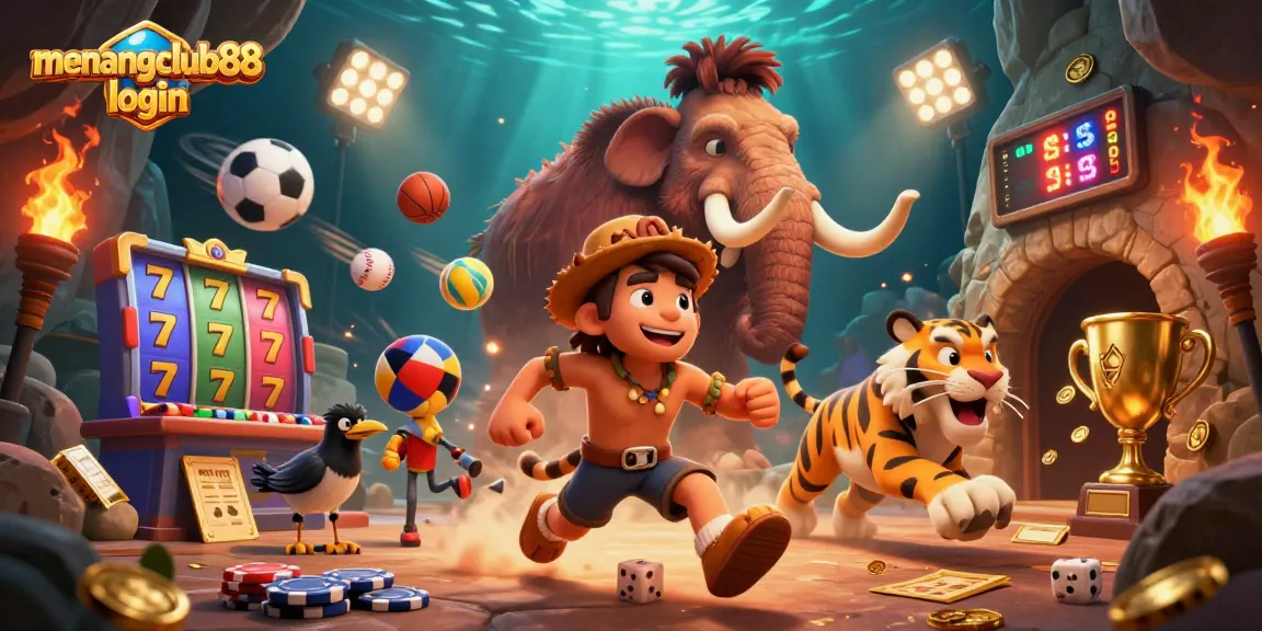 Experience thrilling gameplay with menangclub88 login at a prehistoric casino, featuring stone poker chips and vibrant elements.