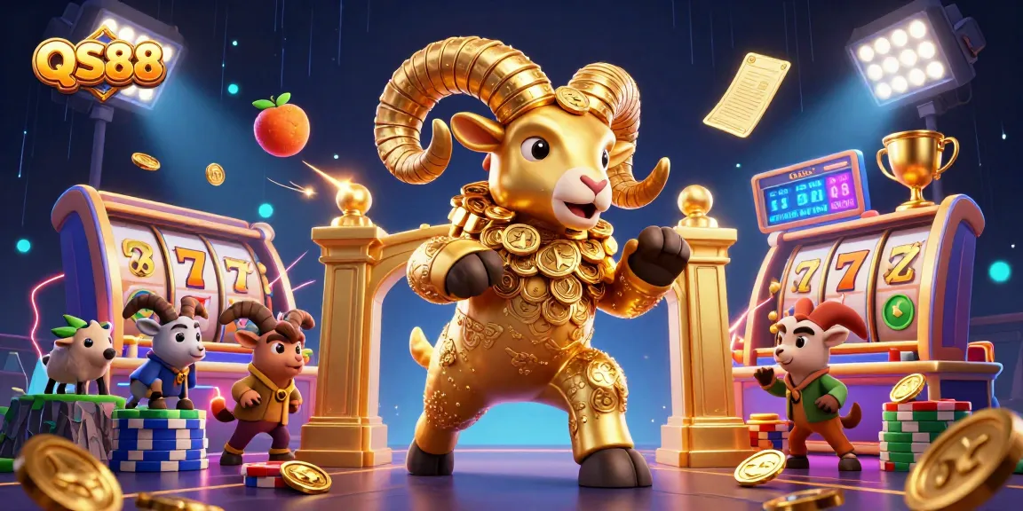 Experience thrilling gameplay at QS88 with dynamic slot reels and a golden ram charging for big wins.