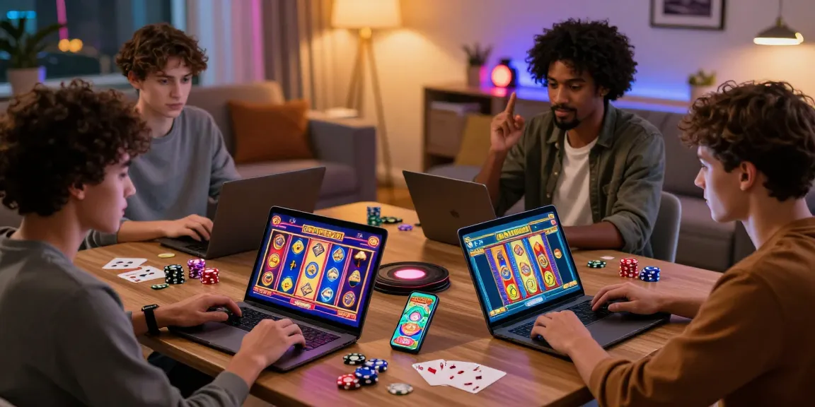 Exciting scene of players enjoying new online casinos in the UK on various devices, set in a modern cozy living room.
