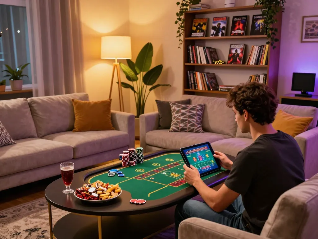 Max88 player engaged in online gaming with live dealer on tablet in cozy home setup.