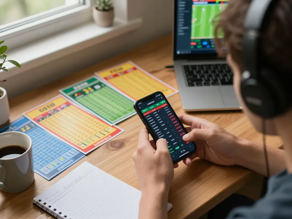FIVE88 engaging user tracking live sports betting odds on a smartphone in a cozy home office