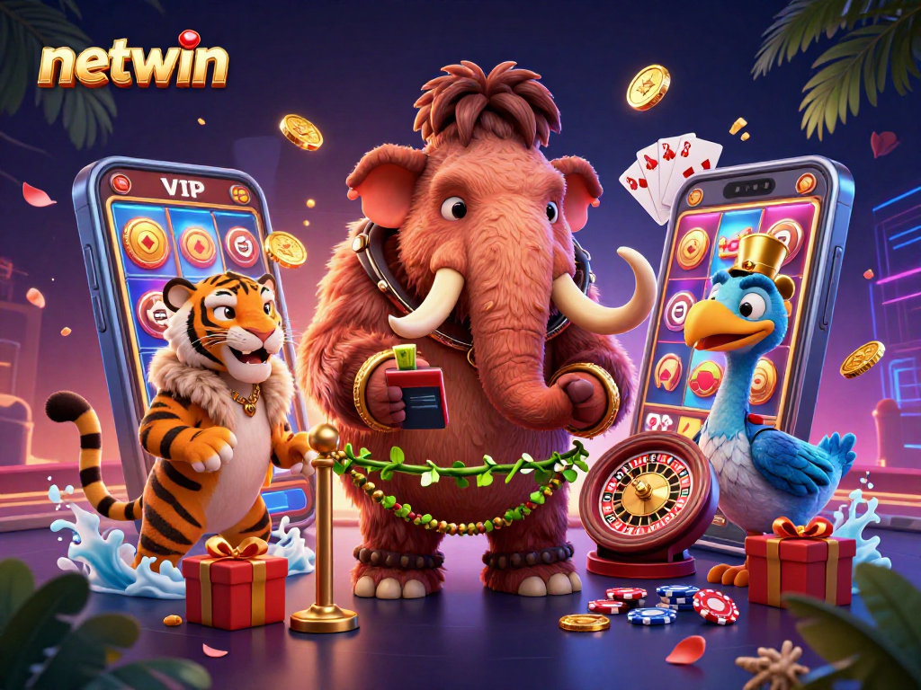 Engage with Netwin in a vibrant casino scene featuring cartoon characters and dynamic gaming elements.