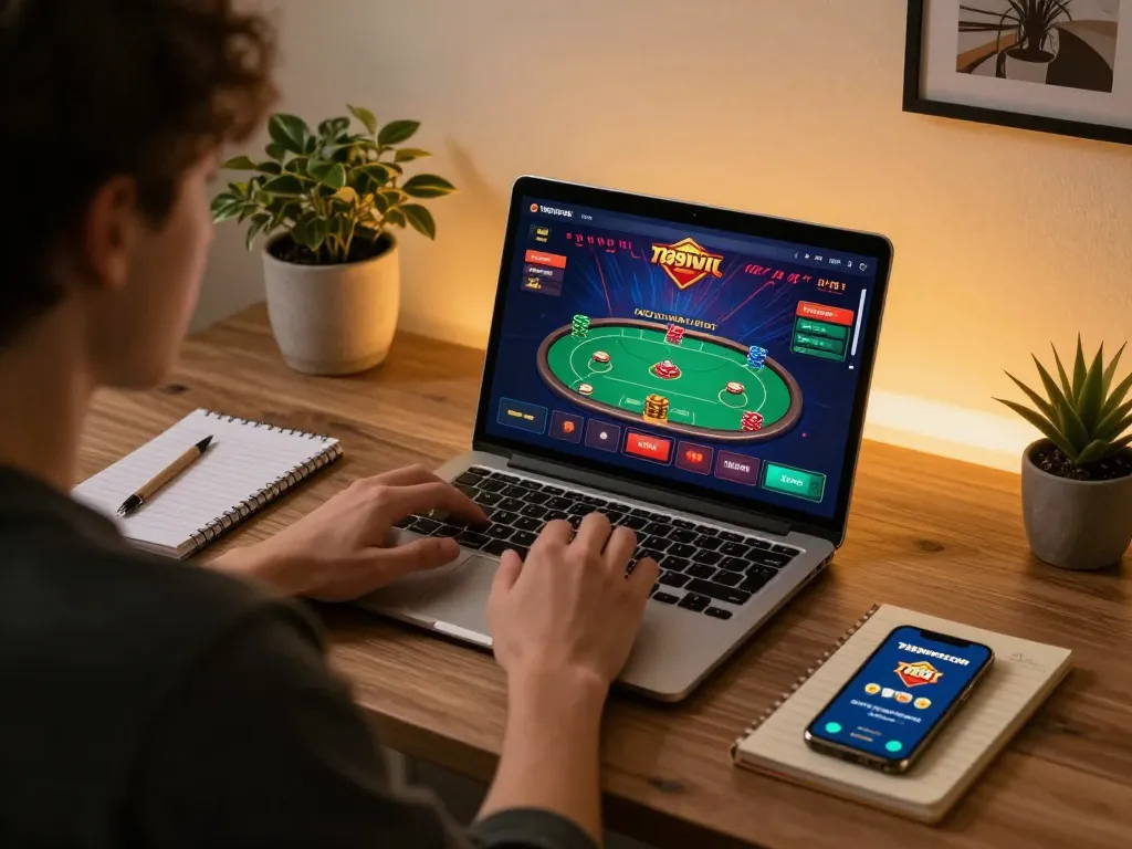 Engaging in online poker with 789wincom at a cozy home setup.