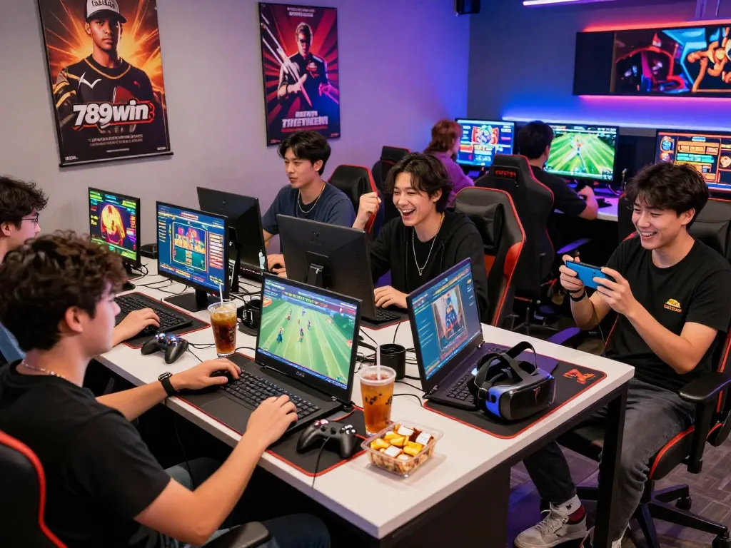 Group of friends enjoying exciting games at 789win gaming hub with mobile devices and snacks.