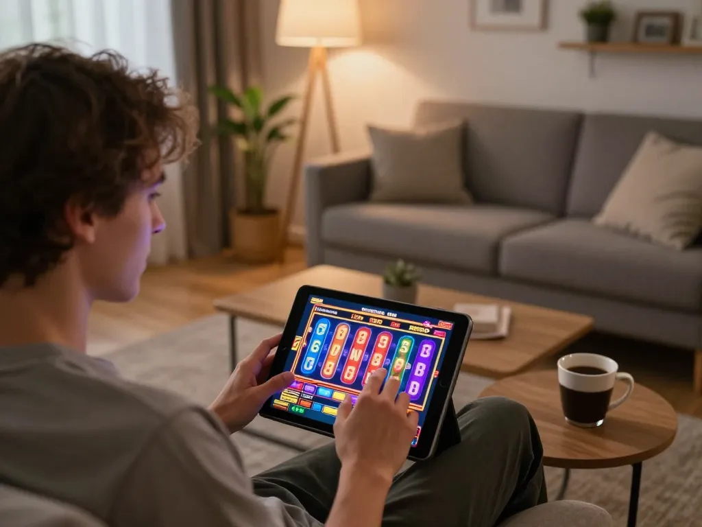 Engaging in dynamic slots gameplay on 789win tablet in a cozy home environment.