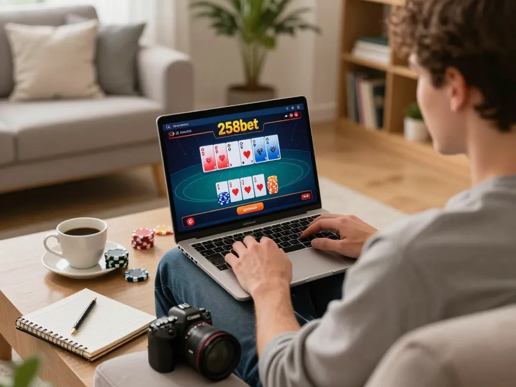 Player engaging in poker on 258bet's online platform from a cozy home setting, showcasing strategy and focus.