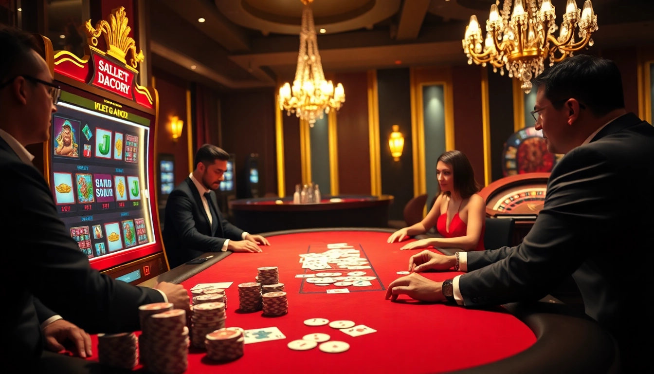 Engaging slot gacor scene with luxurious casino elements, showcasing poker chips and a roulette wheel.