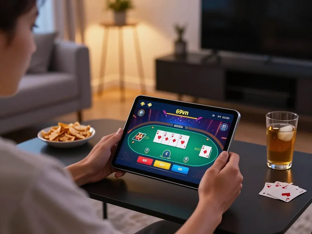 Player engaging in online gaming on the 69vn app with tablet in a cozy living room setting