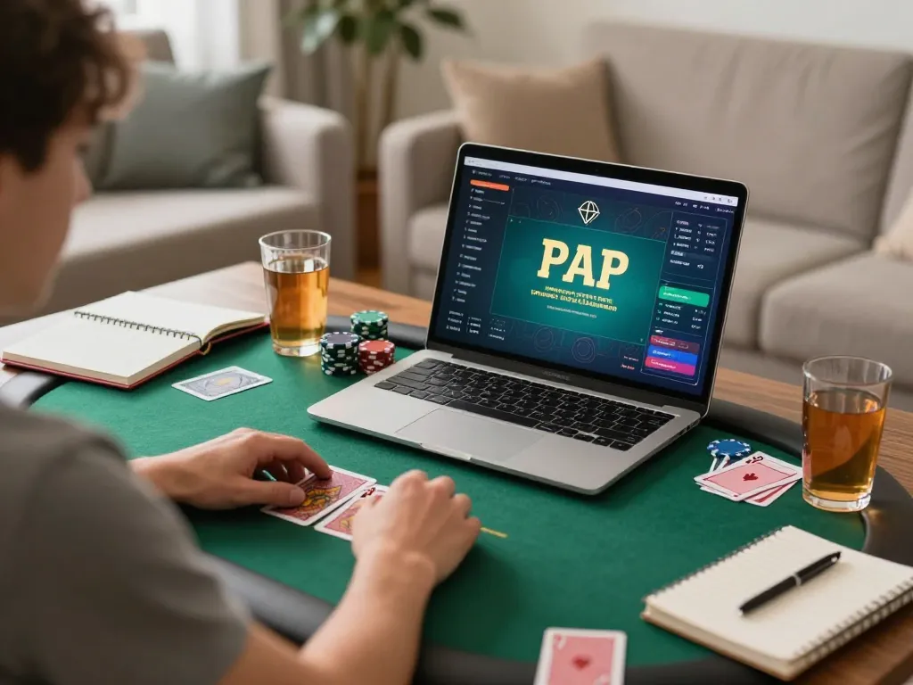 Engaging with 388bet online poker game on a cozy laptop setup, showcasing strategic gaming.