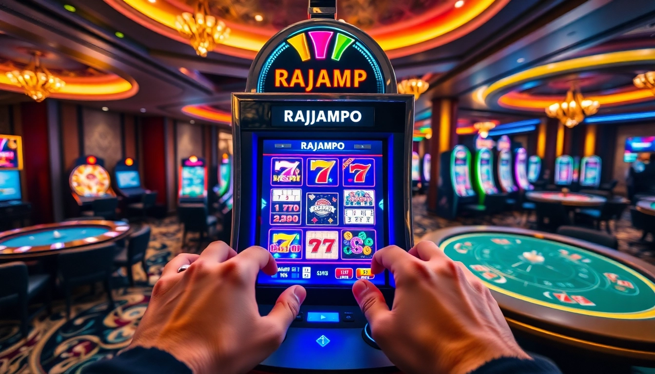 Menarik pemain di mesin slot RAJAMPO dalam suasana kasino yang hidup.