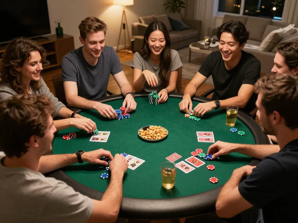 Friends enjoy a friendly poker game at home, highlighting their excitement and engagement with ushimitsusoft platform.