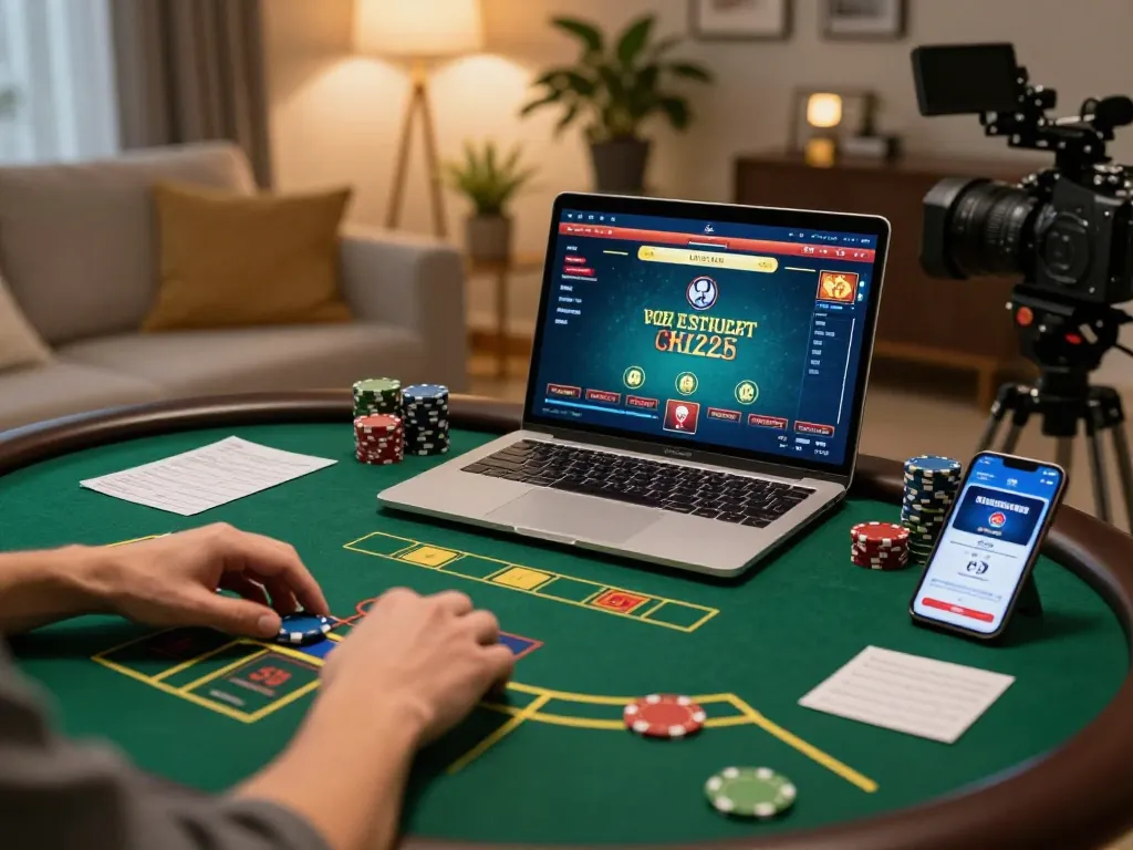 Cucu777 casino player strategically betting on an online poker game from a cozy home setup.