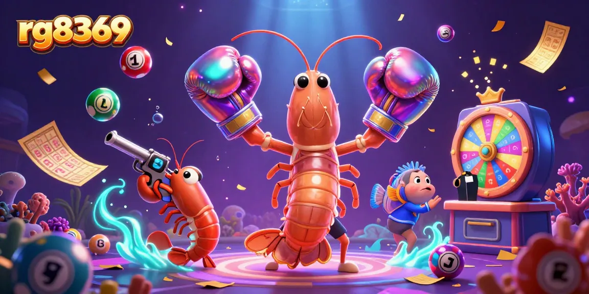 Engage with rg8369 in a vibrant online casino scene featuring colorful lottery elements and animated characters.