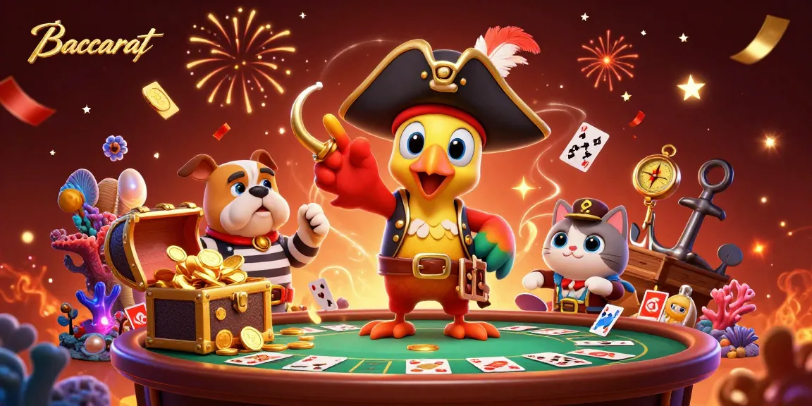 Baccarat table illustration showcasing characters like a pirate captain parrot and bulldog amidst vibrant casino elements