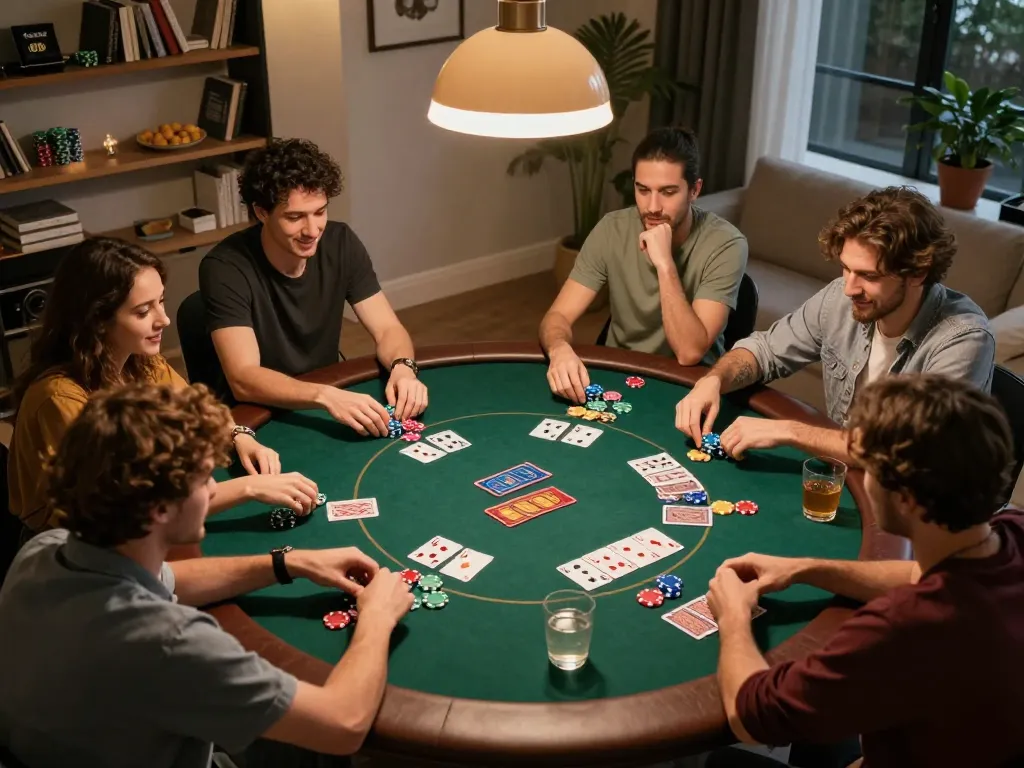 Friends enjoying a competitive poker game at home, showcasing 99ok gaming strategies.
