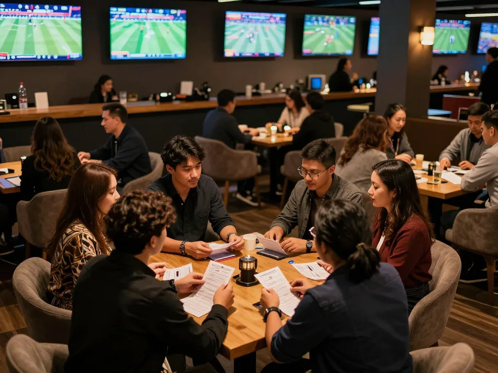 Fans placing bets at RR88's vibrant sports lounge, engaged in strategy discussions.