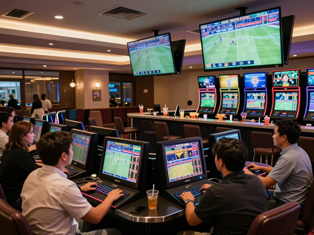 Exciting sports betting lounge filled with patrons engaging with nowgoal real-time sports odds.