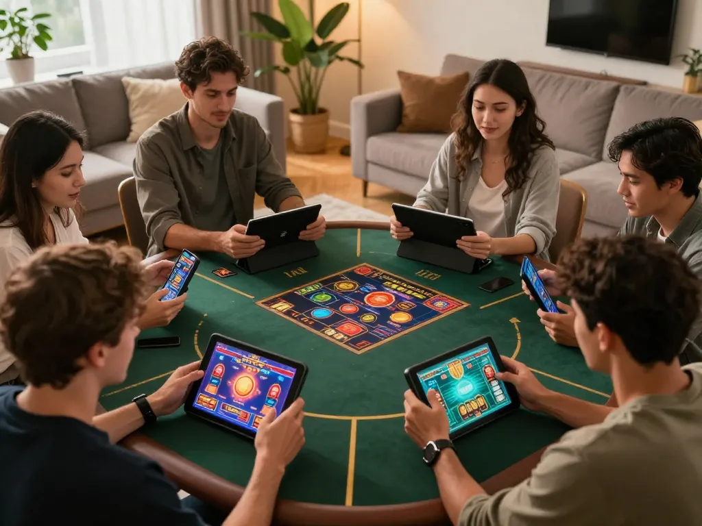 Players enjoying online casino games at home using VK88, celebrating wins with vibrant graphics and cozy atmosphere.