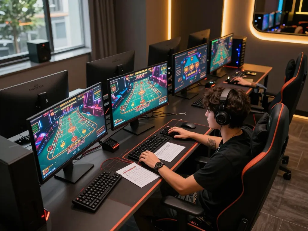 O8 players strategizing at a professional online casino setup with multiple screens