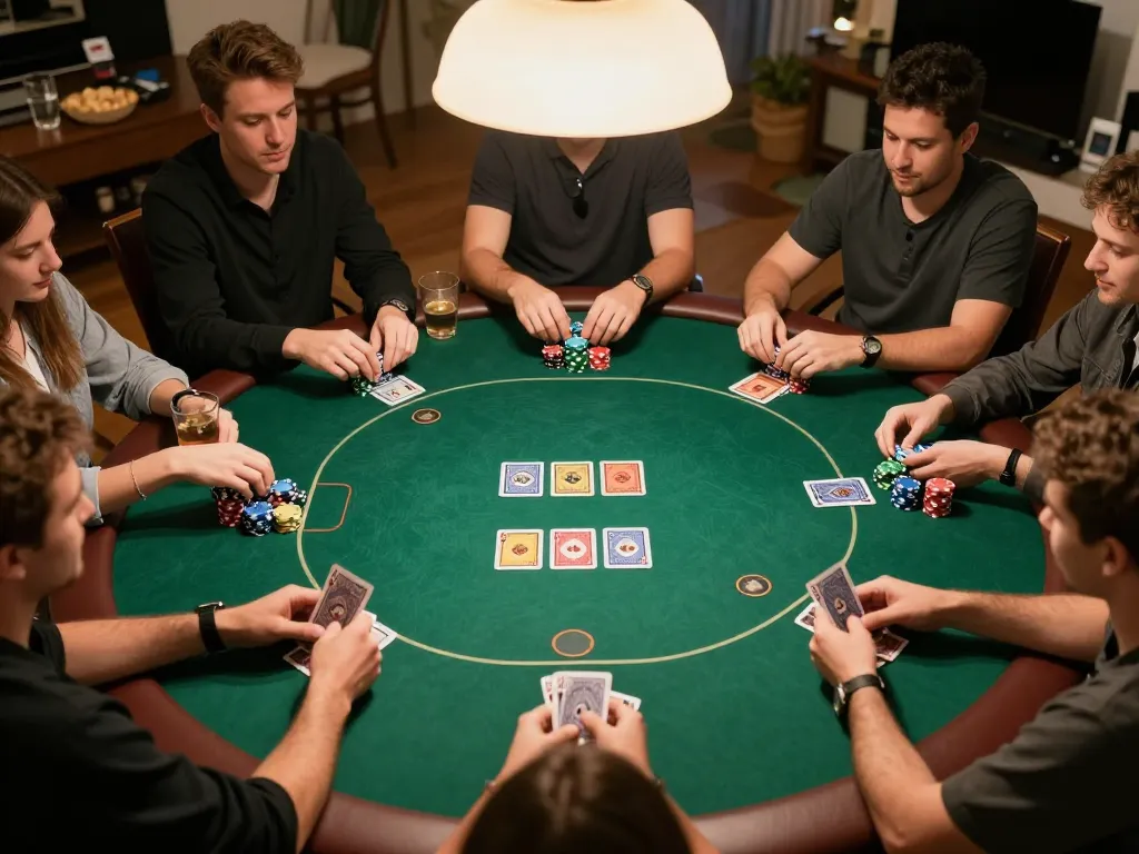 Engaging poker game featuring Liên minh okwin at a private home with competitive players and vibrant atmosphere.