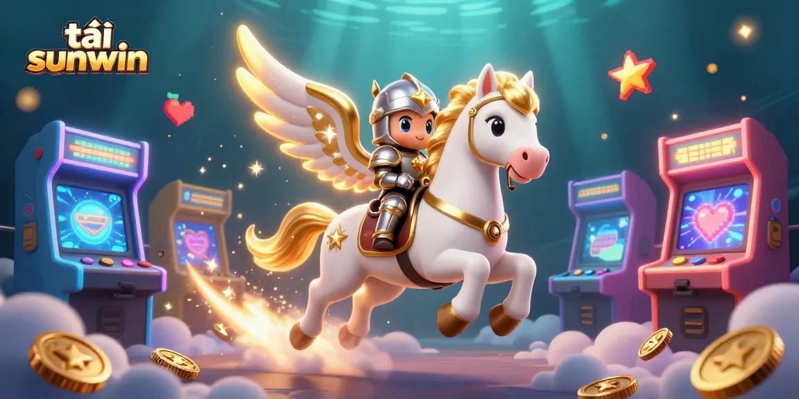 Engage with the enchanting tải sunwin gaming experience, featuring a celestial horse and knight amidst vibrant arcade elements.