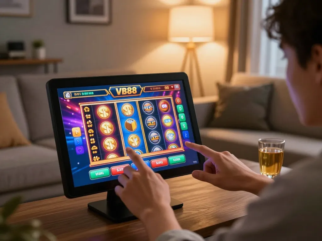 Engaging with the VB88 mobile app for online gambling in a cozy living room setting.