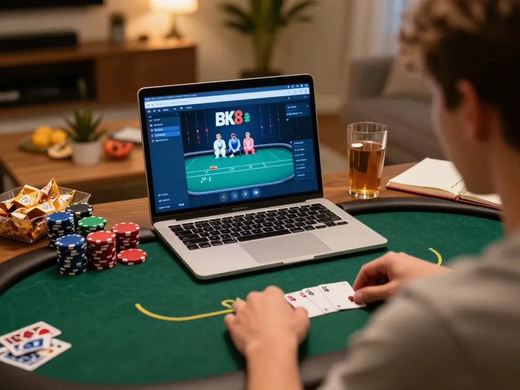 Player enjoying online BK8 poker game on laptop in cozy home setting with snacks and drinks.