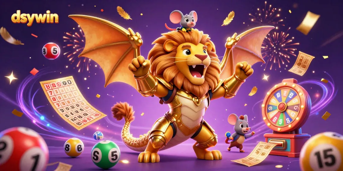 dsywin showcases a dynamic 3D scene with vibrant colors and gambling-themed elements like lottery balls and tickets.