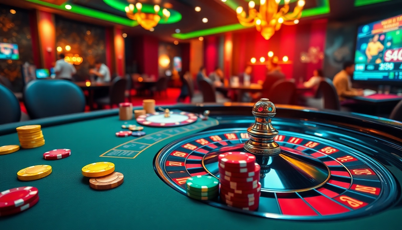 Experience the excitement of online gaming with https://lodetructuyen.co/ featuring poker chips and a roulette table.